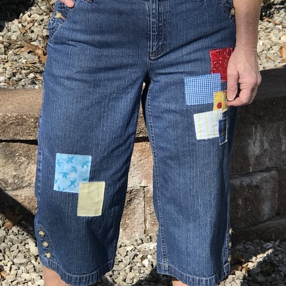 Patchwork Capris Jean Shorts: Upcycled Denim Spring Summer Picnic Pants, Size 8 - Picture 8 of 14